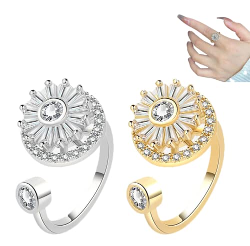 TETHY Zenspinz Anti-Angst-Diamantring, Verstellbarer Goldkristall-Anxiety-Relief-Spinnring, Zappel-Spinner-Ringe für Mädchen, personalisierte Geschenke für Frauen (Gold+Silver) von TETHY