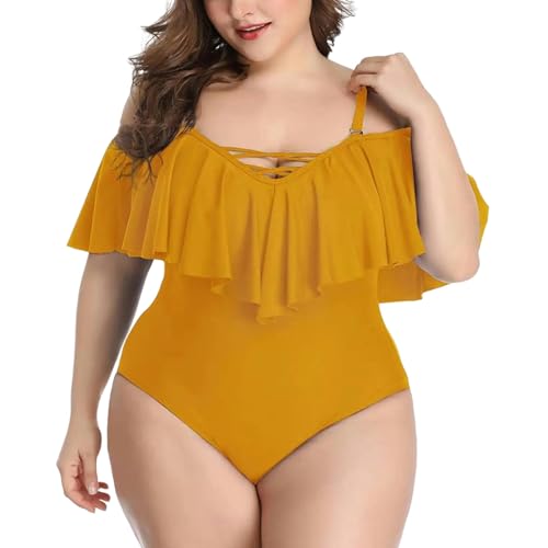 TEidea Bikini Damen Solid Bikini Für Frauen In Übergröße: Stilvoller Einteiliger Badeanzug Mit Lotus-Blattdruck-Gelb-3Xl von TEidea