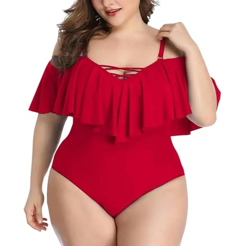 TEidea Bikini Damen Solid Bikini Für Frauen In Übergröße: Stilvoller Einteiliger Badeanzug Mit Lotus-Blattdruck-Rot-3Xl von TEidea