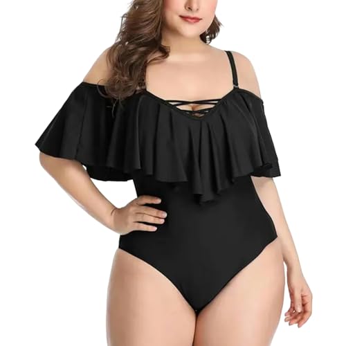 TEidea Bikini Damen Solid Bikini Für Frauen In Übergröße: Stilvoller Einteiliger Badeanzug Mit Lotus-Blattdruck-Schwarz-M von TEidea