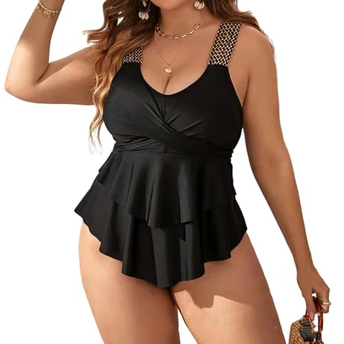 TEidea Bikini Damen Solid Gurt Plus Size Women's Badebode: Einteiliger Großer Badeanzug Für Strand Oder Pool-Schwarz-XL von TEidea