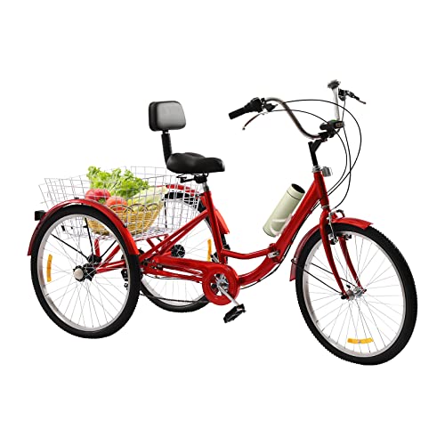 TFIANYNI 24 Zoll 7 Gang Klappbare Dreiräder Für Erwachsene, Fahrrad 3 Räder Mit Sitz Mit Rückenlehne, Becherhalter+Kotflügel+Scheinwerfer+Gemüsekorb, Einstellbare Geschwindigkeit Höhe (Rot) von TFIANYNI