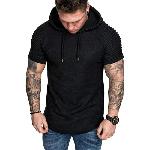 TGGOHIGH Herren T-Shirt Herren Kapuze -Sweatshirt Casual Solid Color Pullover-schwarz-m von TGGOHIGH
