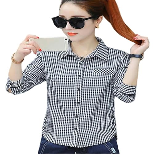 TGGOHIGH T Shirt Checker Langarm Shirt Damen -Hemd -Hemd Top Bluse Office Full Button Plaid-Schwarz-4Xl von TGGOHIGH