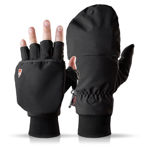 Heat 2 Fingerlose Handschuhe und Fäustlinge Kombination, warme Winterhandschuhe gegen den Wind und Kälte im Winter – Sporthandschuhe, Fahrradhandschuhe Damen, Herren, schwarz, Large von THE HEAT COMPANY