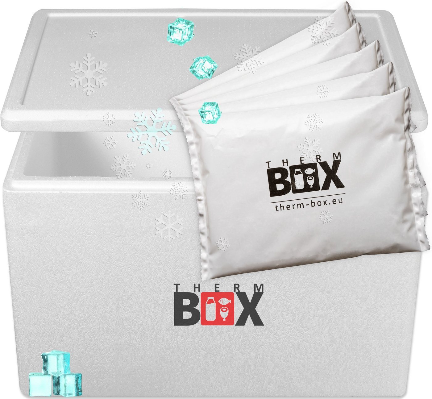 THERM-BOX Thermobehälter Styroporbox 61W mit 5 Kühlkissen, Styropor-Verdichtet, (0-tlg., Thermbox mit Kühlkissen), Kühlakku Kühlbox 61,5L Innen: 53x33x34cm Transportbox Thermbehälter von THERM-BOX