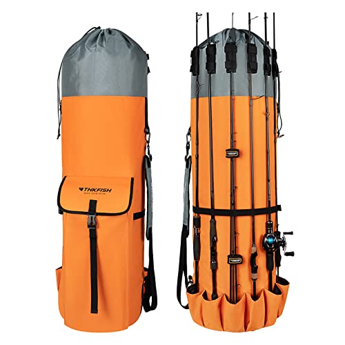 THKFISH Angelrutentasche Angeltasche Angelrute Reisetasche 900D Oxford-Stoff, Angelrute Tragetasche zur Aufbewahrung von bis zu 6 Ruten mit Rollen, Orange von THKFISH