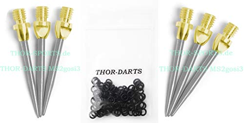THOR-DARTS 3-6-9-12 Stahlspitzen für Steeldart Gold-Silber Steeldartspitzen + Gummiringe + Flights Marken - Metallspitzen (+100 Schwarze Gummiringe, 2 Set (6 Stück) MS2 Gold-Silber) von THOR-DARTS