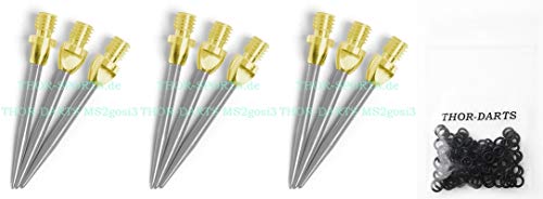 THOR-DARTS 3-6-9-12 Stahlspitzen für Steeldart Gold-Silber Steeldartspitzen + Gummiringe + Flights Marken - Metallspitzen (+100 Schwarze Gummiringe, 3 Set (9 Stück) MS2 Gold-Silber) von THOR-DARTS