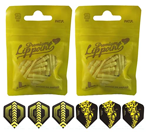 THOR-DARTS L-Style Dartspitzen im Doppelpack Flights (2x30 Stück + 1 Set Flights) gelbe Premium Lippoint 2BA Standard-Gewinde, Plastic Soft Tip Dart Points (60er Pack) 2BA Thread von THOR-DARTS