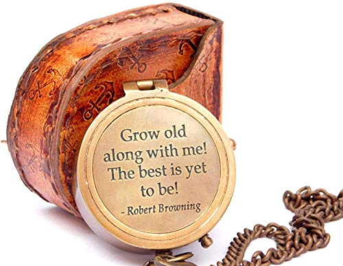 Grow Old with Me, gravierter Messing-Kompass auf Kette mit Lederetui, direktionaler magnetischer Kompass, rustikale Vintage-Heimdekoration, Geschenke von THOR INSTRUMENTS