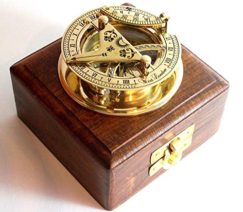 Messing-Sonnenuhr-Kompass aus massivem Messing, Taschen-Sonnenuhr – West London mit Holzbox, rustikale Vintage-Heimdekoration, Geschenke von THOR INSTRUMENTS
