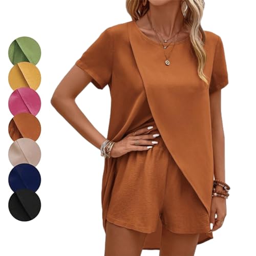 THQERAER Keppal Womens Clothing 2piece Sets, Keppal Womens Clothing 2piece Shorts Sets Summer, Breathable and Casual (Orange,2XL) von THQERAER