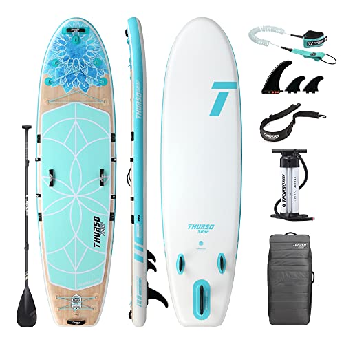THURSO SURF Tranquility aufblasbares Yoga Stand Up Paddle Board SUP 325x86x15 cm Paket Inclusive Paddel mit KARBON-Schaft/2+1 Flossen mit Schnellverschluss/Leine/Pumpe/Rucksack von THURSO SURF