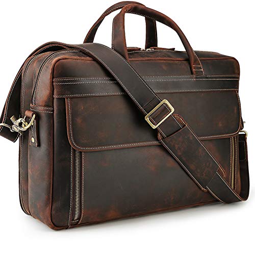 TIDING Laptoptasche 17 Zoll Leder Aktentasche Herren Business Tasche Schultertasche Große Ledertasche zum Umhängen Trolley Aufsteckbar Tote Arbeitstasche Jahrgang, Braun von TIDING