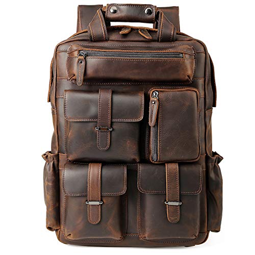 TIDING Herren Rucksack Echtes Leder Grosse Kapazität Business Reisetasche für 15,6 Laptop Tasche, Daypacks Männer Umhängetasche(15,6 Zoll Mesh zurück) von TIDING