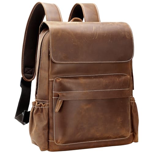 TIDING Rucksack Herren Leder 15,6-Zoll-Laptop Tasche Tote Daypacks mit Großer Kapazität Rucksäcke mit Mehreren Taschen Reisesporttasche Hellbraun von TIDING