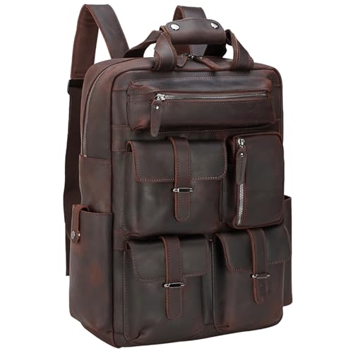 TIDING Rucksack Herren Leder Daypack 17 Zoll Laptop Tasche Schulbuchtasche mit Trolly Strap, Große Kapazität Daypack für Männer Umhängetasche Braun 20L von TIDING