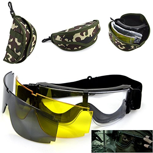 Tactical Airsoft Schutzbrille, Airsoft Paintball Shooting Schutzbrille Brille, Schutz Eyewear mit 3 austauschbaren Multi Lens (schwarz + transparent + Gelb), mit Camo Tragetasche von TILY