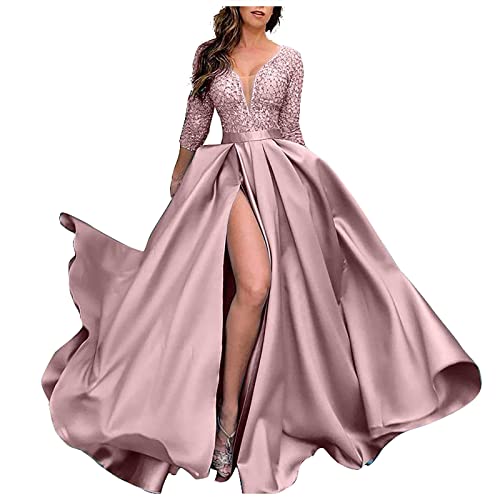 TIMELYE Damen Lang Kleid Unregelmäßiger Saum mit Schlitz Ballkleid Sexy Tief V-Ausschnitt Einfarbig Abendkleid Hoher Taille Half Ärmel Frauenkleid Maxi von TIMELYE