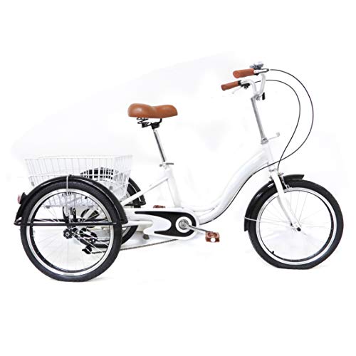 TIXBYGO 20 Zoll weißes Dreirad ganz Aluminium Links mit Parksperrenfunktion Trike Bike Radfahren mit Einkaufskorb für ältere Menschen (weiß, Einzelgeschwindigkeit) von TIXBYGO