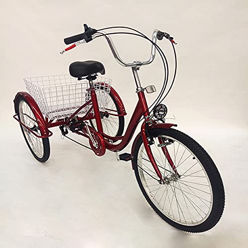 TIXBYGO Zahnräder Dreirad 3-Rad Fahrrad mit Einkaufskorb mit Lampe,Erwachsene 6 Speed Fahrrad,Verstellbarer Lenker Tricycle Wheel Come mit Reflexstreifen Erwachsenendreirad 24 Zoll Rot von TIXBYGO