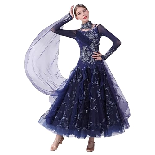 TJDWPRRD Ballsaal Tanzen Wettbewerb Kleider Damen Walzer Tango Tanzkleidung Foxtrot Flamenco Tanzen Leistung Outfit Exquisit Nationaler Standard Kostüm,Blau,L von TJDWPRRD