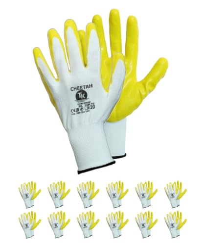 TK Gloves CHEETAH/Montage-Handschuhe/Größe 10, 12 Paar/Gelb Weiß/Montagehandschuhe/Handschuhe Arbeitshandschuhe/Schutzhandschuh aus Nitril von TK Gloves