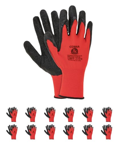 TK Gloves Cobra Handschuhe Arbeitshandschuhe/Größe 11, 12 Paar/Rot Schwarz/Montagehandschuhe/Schützender Strickhandschuh, beschichtet mit schwarzem Raulatex/Polyester-Schutzhandschuh von TK Gloves