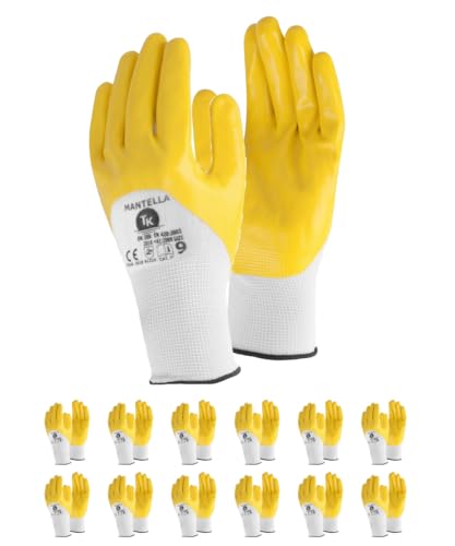 TK Gloves MANTELLA/Montage-Handschuhe/Größe 09, 12 Paar/Gelb Weiß/Montagehandschuhe/Handschuhe Arbeitshandschuhe/Schutzhandschuh aus Nitril von TK Gloves