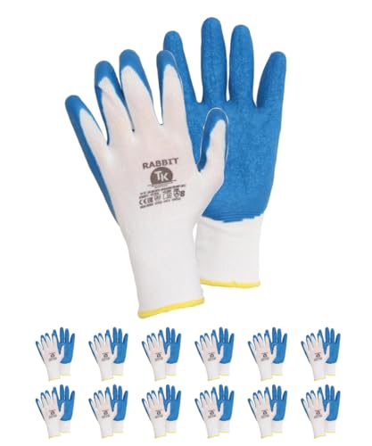 TK Gloves RABBIT/Montage-Handschuhe/Schützender Polyesterhandschuh, mit Latex überzogen/Größe 09, 12 Paar/Blau Weiß/Montagehandschuhe/Handschuhe Arbeitshandschuhe von TK Gloves