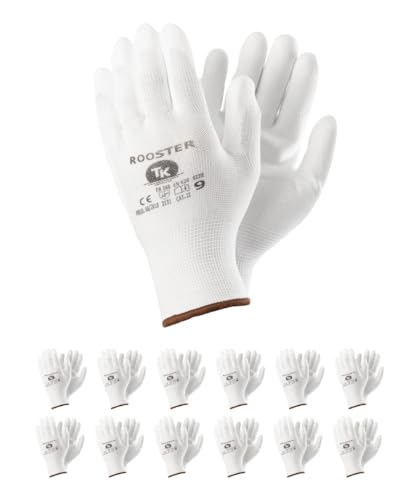 TK Gloves ROOSTER/Schutzhandschuh aus Polyester, beschichtet mit Polyurethan/Größe 07, 12 Paar/Weiß/Montagehandschuhe/Handschuhe Arbeitshandschuhe von TK Gloves