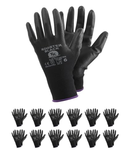 TK Gloves ROOSTER BLACK/Schutzhandschuh aus Polyester, beschichtet mit Polyurethan/Größe 07, 12 Paar/Schwarz/Montagehandschuhe/Handschuhe Arbeitshandschuhe von TK Gloves