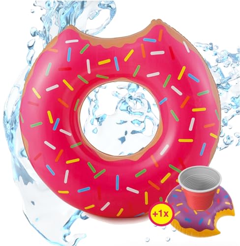 TK Gruppe Timo Klingler Aufblasbar Donut Schwimmring pink Ø 120 cm mit Biss - Schwimmreifen Pool & Wasser, mit je Getränkehalter für Erwachsene & Kinder von TK Gruppe Timo Klingler