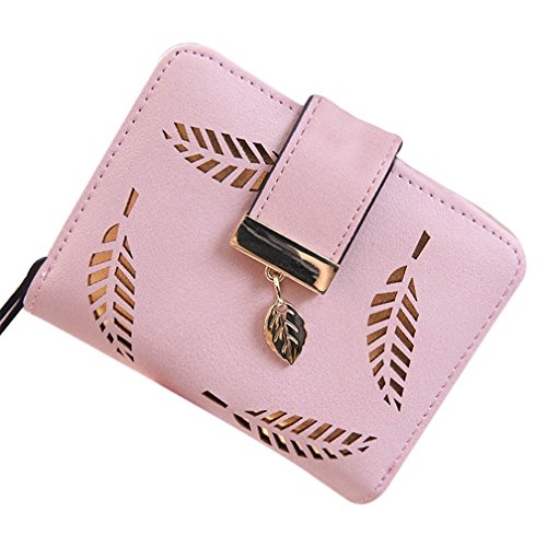Damen Süß Leder Geldbörse, TMEOG Damen Blatt Bifold Brieftasche Leder Hollow Card Holder Geldbörse Clutch Handtasche (S_Rosa) von TMEOG