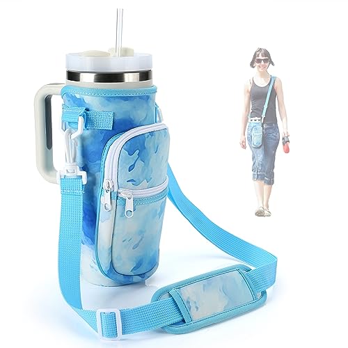 TMEOIIPY Wasserflaschenhalter mit Riemen & Taschen für Stanley Quencher 40oz Tumbler mit Griff, Wasserflasche Carrier Bag mit verstellbarem Schultergurt für Wandern Wandern Reisen Camping, Blau von TMEOIIPY