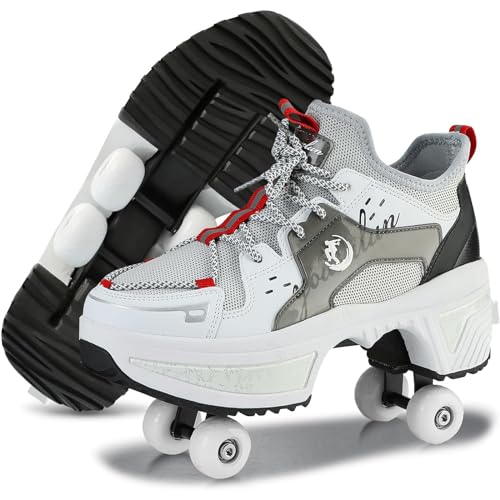 Schuhe mit Rollen für Mädchen, 2024 Neue Fly Woven Fabric Rollschuhe Schuhe, Deformation Roller Skates Kinder, Damen verstellbares Thanksgiving-Geburtstagsgeschenk (Grau, EU-34) von TO.DREAM