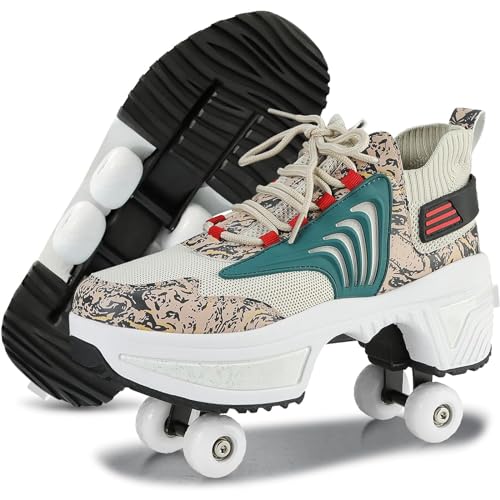 Schuhe mit Rollen für Mädchen, 2024 Neue Fly Woven Fabric Rollschuhe Schuhe, Deformation Roller Skates Kinder, Damen verstellbares Thanksgiving-Geburtstagsgeschenk (Reisknödel-Tarnung, EU-34) von TO.DREAM