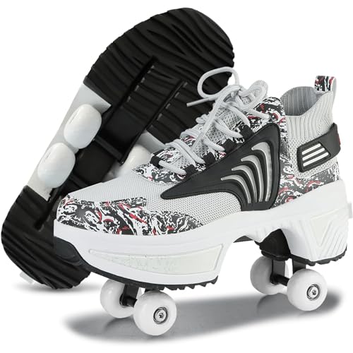 Schuhe mit Rollen für Mädchen, 2024 Neue Fly Woven Fabric Rollschuhe Schuhe, Deformation Roller Skates Kinder, Damen verstellbares Thanksgiving-Geburtstagsgeschenk (Schwarze Tarnung, EU-37) von TO.DREAM