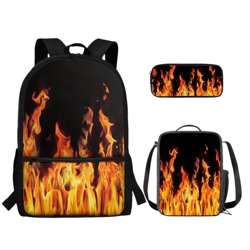 TOADDMOS 3-teiliger Rucksack für Jungen und Mädchen, mit Lunch-Tasche, Federmäppchen, Brennendes Feuer, Rucksack, Rucksäcke von TOADDMOS