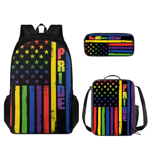 TOADDMOS 3-teiliges Kinderrucksack-Set, Schulrucksack mit isolierter Lunchbox, Federmäppchen, Pride Regenbogen-Flagge, Rucksack, Rucksäcke von TOADDMOS