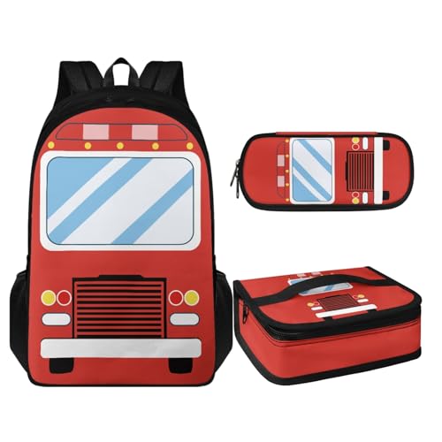 TOADDMOS 3-teiliges Schulrucksack-Set für die Grundschule, Büchertasche mit Lunchbox, Federmäppchen, Roter Schulbus, Rucksack, Rucksäcke von TOADDMOS