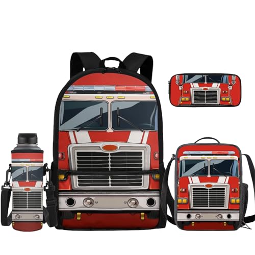 TOADDMOS Kinder-Rucksack-Set, 4-teilig, Schultasche mit Lunchbox, Federmäppchen, Wasserflaschenhülle, Roter Schulbus, Rucksack, Rucksäcke von TOADDMOS
