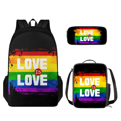 TOADDMOS Kinder-Rucksack mit Lunch-Tasche, Federmäppchen, 3-teiliges Set für Grundschüler, Love is Love Rainbow, Rucksack, Rucksäcke von TOADDMOS