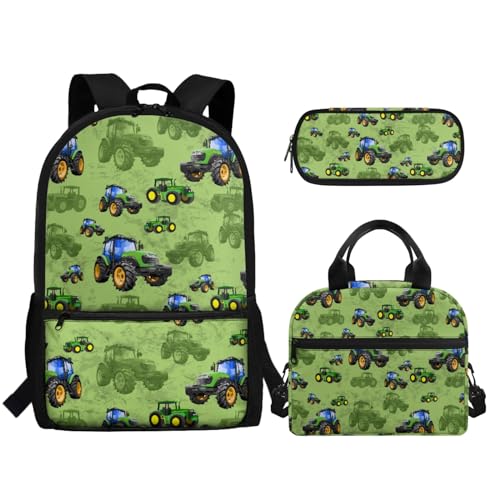 TOADDMOS Schulrucksack für Mädchen und Jungen, große Kapazität, Schultasche mit Lunchbox, Federmäppchen, 3 Stück, Bauernhoftraktor, Rucksack, Rucksäcke von TOADDMOS