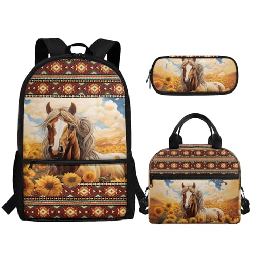 TOADDMOS Schulrucksack für Mädchen und Jungen, große Kapazität, Schultasche mit Lunchbox, Federmäppchen, 3 Stück, Southwest Tribal Pferd Sonnenblume, Rucksack, Rucksäcke von TOADDMOS