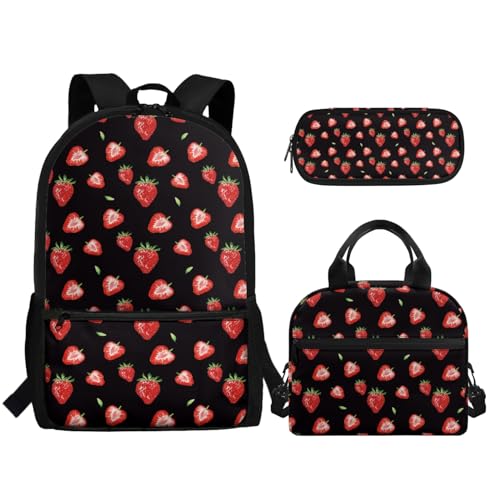 TOADDMOS Schulrucksack für Mädchen und Jungen, große Kapazität, Schultasche mit Lunchbox, Federmäppchen, 3 Stück, erdbeere, Rucksack, Rucksäcke von TOADDMOS