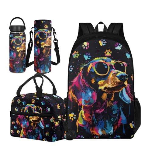 TOADDMOS Schultasche für Mädchen, Jungen, Schultasche, 4 Stück, Büchertasche mit Lunchpaket, tragbare Wasserflaschenhülle, Edelstahl-Wasserflasche, Beagle Dog Paws, L, Schulranzen-Set von TOADDMOS