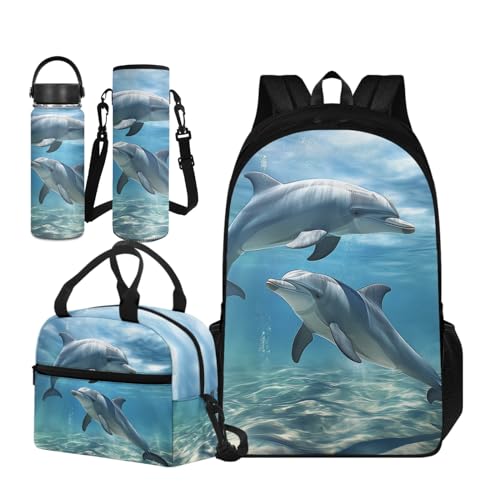 TOADDMOS Schultaschen-Set für Kinder, 4-teilig, Büchertasche mit isolierter Lunchtasche, tragbarer Wasserflasche und isolierter Wasserflasche, Delfine, Small Water Bottle, Schulranzen-Set von TOADDMOS