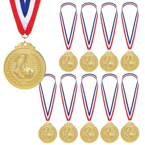 TOATELU 12 Stück Medaillen Fußball für eine Kindergeburtstags Goldmetallmedaille Fussball Geburtstagsfeier mit Schwarz rot Goldenem Band, Medaillen Kindersportwettbewerbspreise von TOATELU